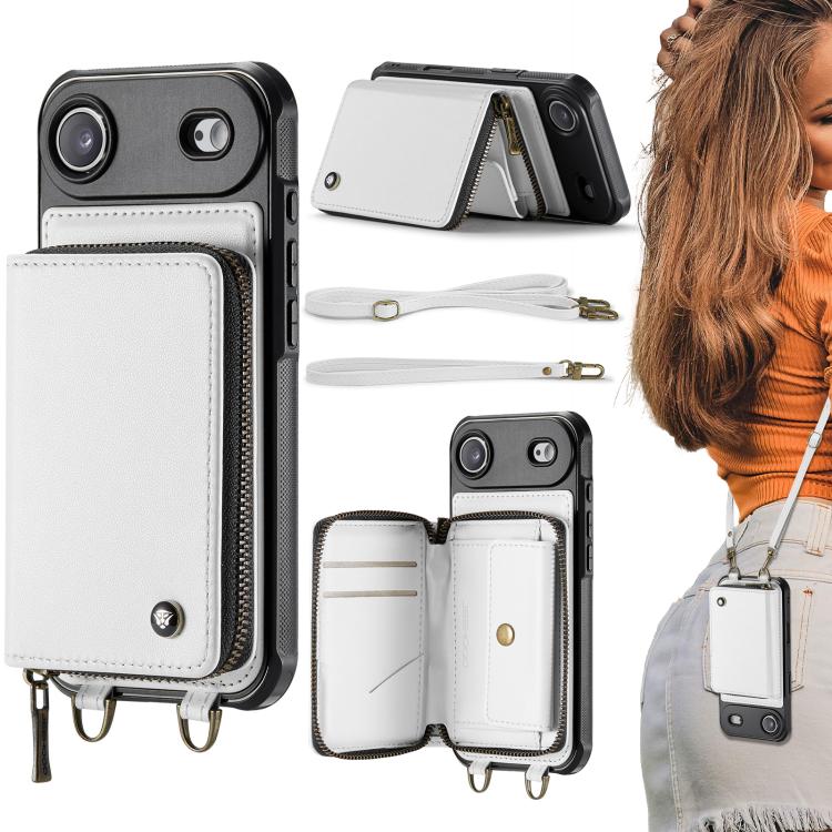 For iPhone Air JEEHOOD C22 Series Zipper Wallet Leather Phone Case with Dual Lanyard(White)