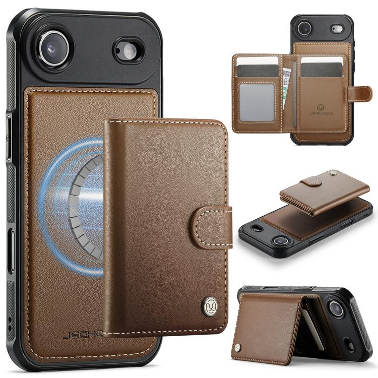 For iPhone Air JEEHOOD J09 Buckle Card Bag MagSafe Magnetic Style RFID Leather Phone Case(Brown)