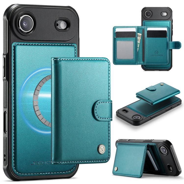 For iPhone Air JEEHOOD J09 Buckle Card Bag MagSafe Magnetic Style RFID Leather Phone Case(Green)