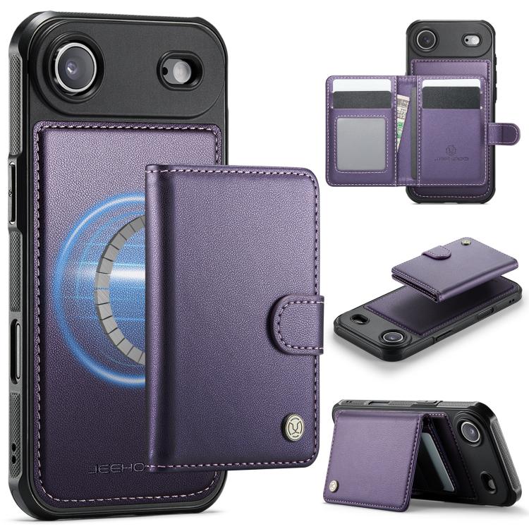 For iPhone Air JEEHOOD J09 Buckle Card Bag MagSafe Magnetic Style RFID Leather Phone Case(Purple)