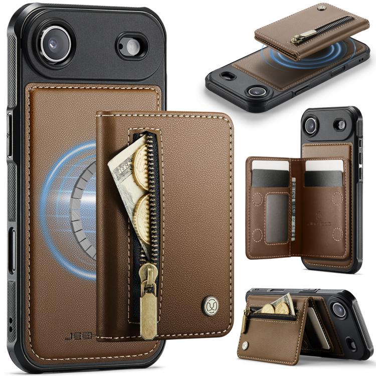 For iPhone Air JEEHOOD J12 Exquisite RFID MagSafe Zipper Card Bag Phone Case(Brown)