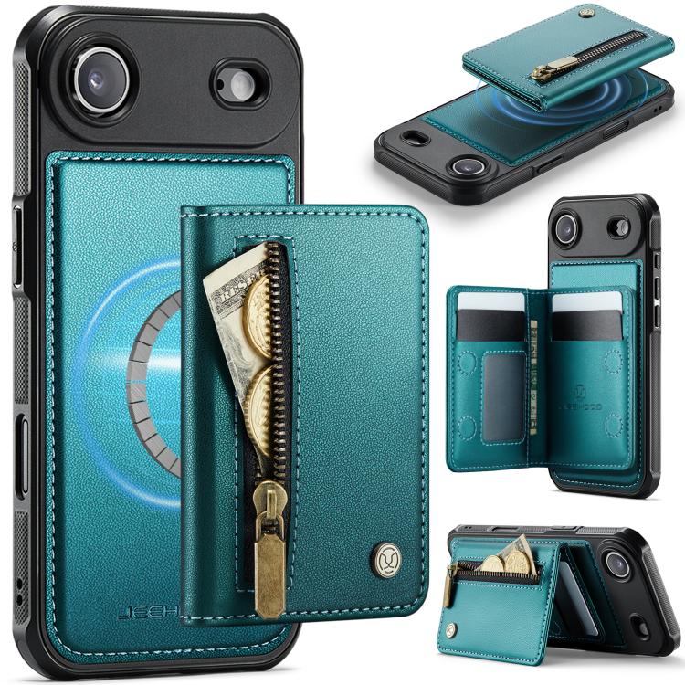 For iPhone Air JEEHOOD J12 Exquisite RFID MagSafe Zipper Card Bag Phone Case(Green)