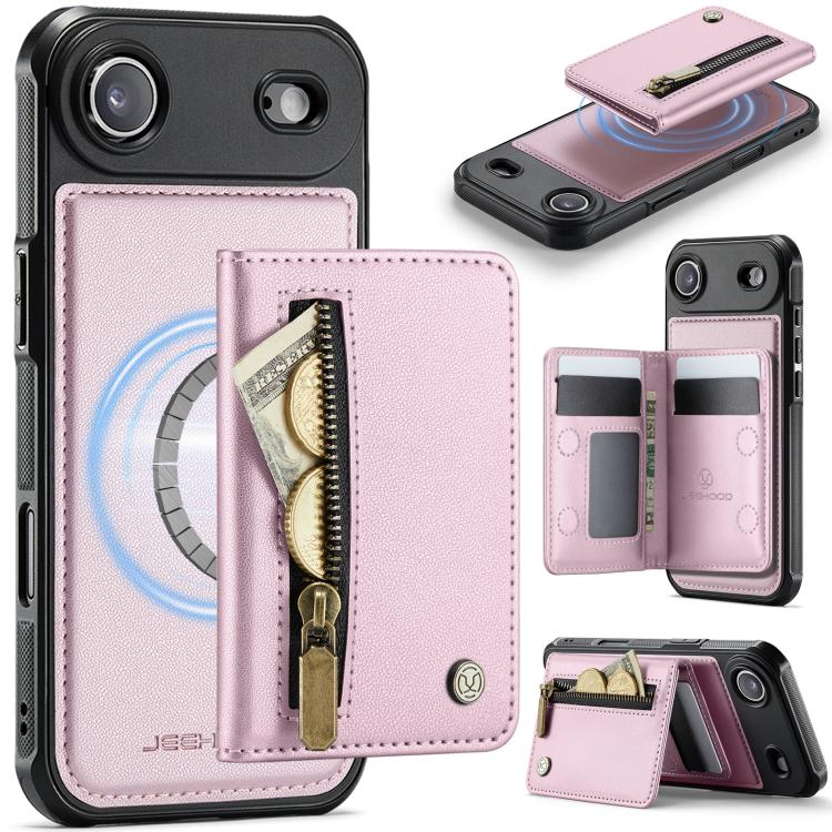 For iPhone Air JEEHOOD J12 Exquisite RFID MagSafe Zipper Card Bag Phone Case(Pink)