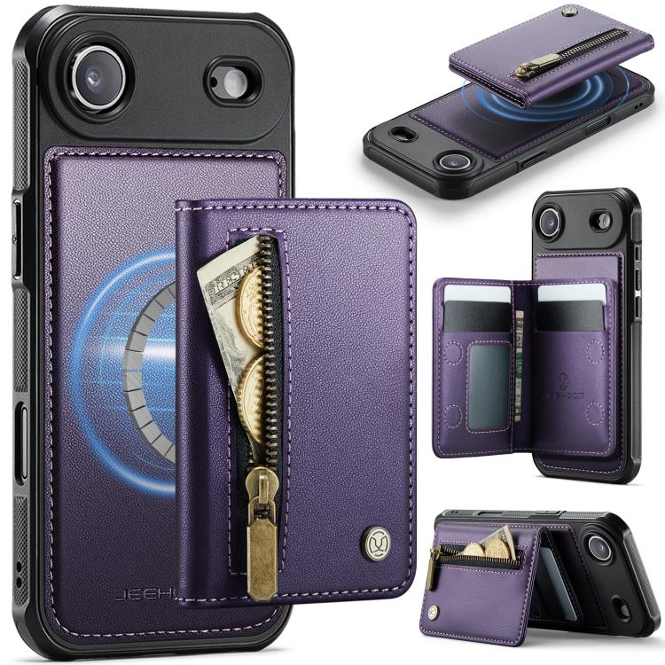 For iPhone Air JEEHOOD J12 Exquisite RFID MagSafe Zipper Card Bag Phone Case(Purple)