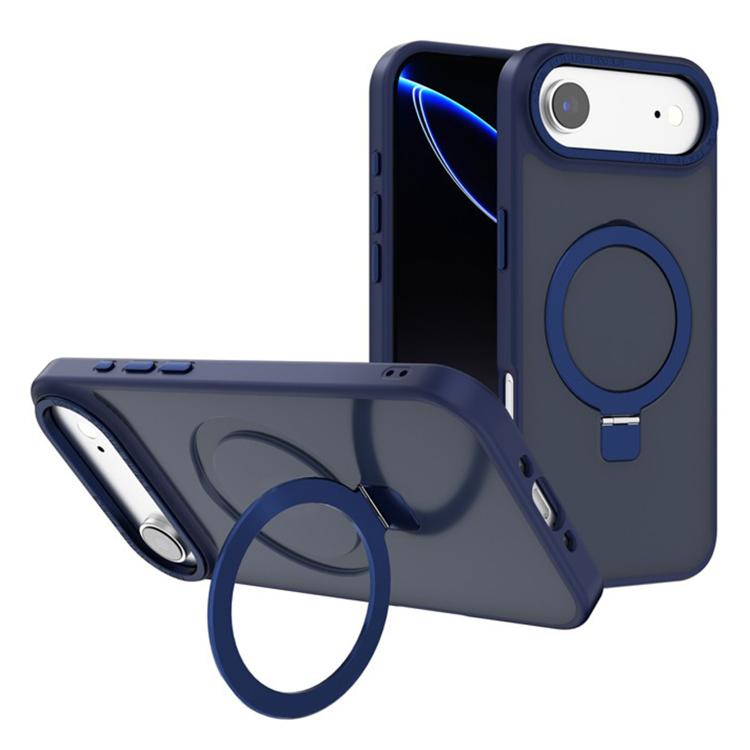 For iPhone Air Kalebol Metal Lens Frame MagSafe Holder Frosted PC Phone Case(Navy Blue)