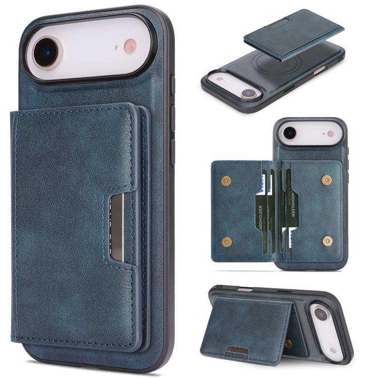For iPhone Air Kalebol Strong MagSafe Magnetic Two-Fold Card Bag Leather Phone Case(Blue)