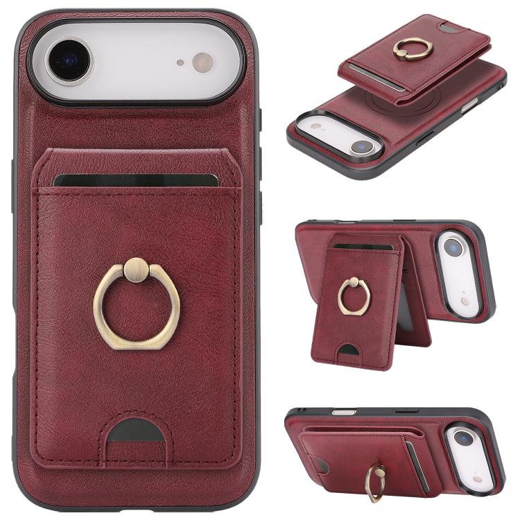 For iPhone Air Kalebol Strong MagSafe Ring Magnetic Card Bag Holder Leather Phone Case(Red)