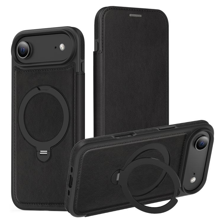 For iPhone Air Knight Shield 360 Rotation Holder MagSafe RFID Leather Phone Case(Black)