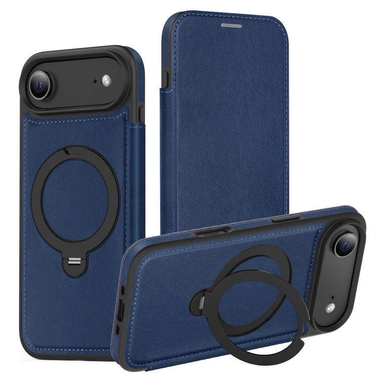 For iPhone Air Knight Shield 360 Rotation Holder MagSafe RFID Leather Phone Case(Blue)
