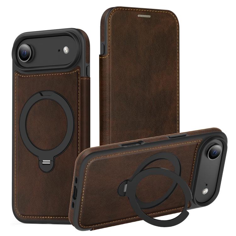 For iPhone Air Knight Shield 360 Rotation Holder MagSafe RFID Leather Phone Case(Coffee)