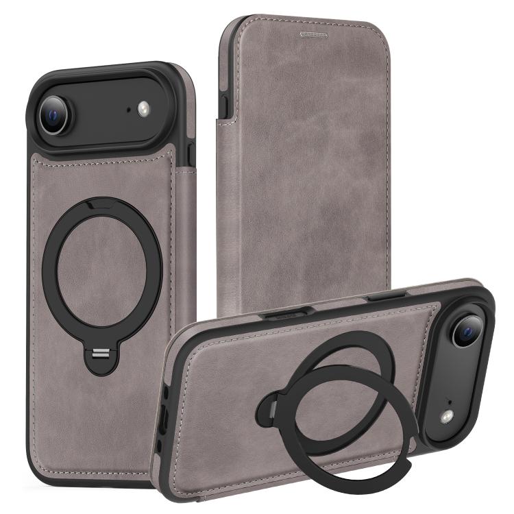 For iPhone Air Knight Shield 360 Rotation Holder MagSafe RFID Leather Phone Case(Grey)