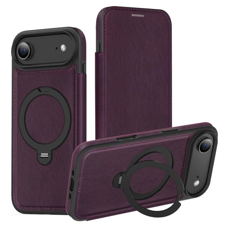 For iPhone Air Knight Shield 360 Rotation Holder MagSafe RFID Leather Phone Case(Purple)