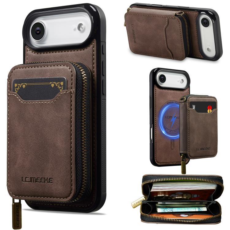 For iPhone Air LC.IMEEKE L6 Series Zipper Card Bag MagSafe Magnetic Phone Case(Coffee)