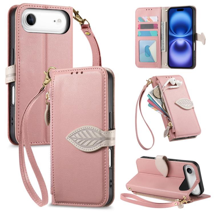 For iPhone Air Leaf Buckle Zipper Wallet Leather Phone Case with Strap(Pink)