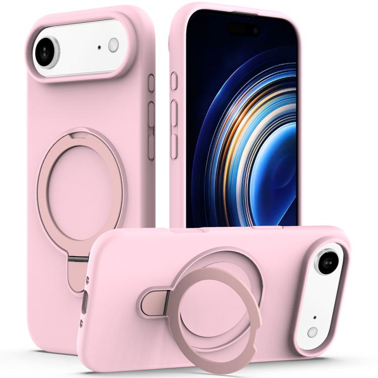 For iPhone Air Liquid Silicone MagSafe Magnetic Phone Case with Ring Holder(Grey Pink)