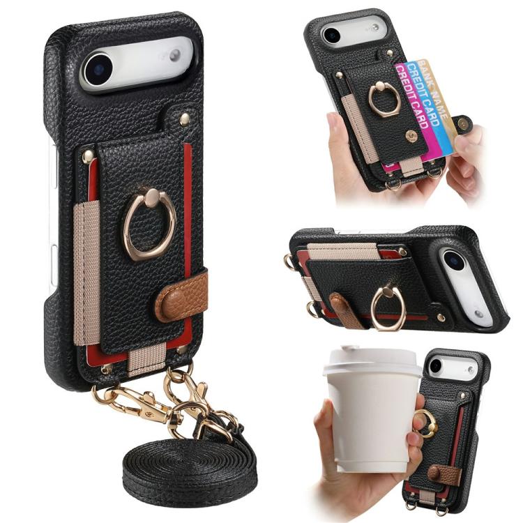 For iPhone Air Litchi Texture Card Bag Ring Holder Vegan Leather + PC Phone Case with Shoulder Strap(Black)