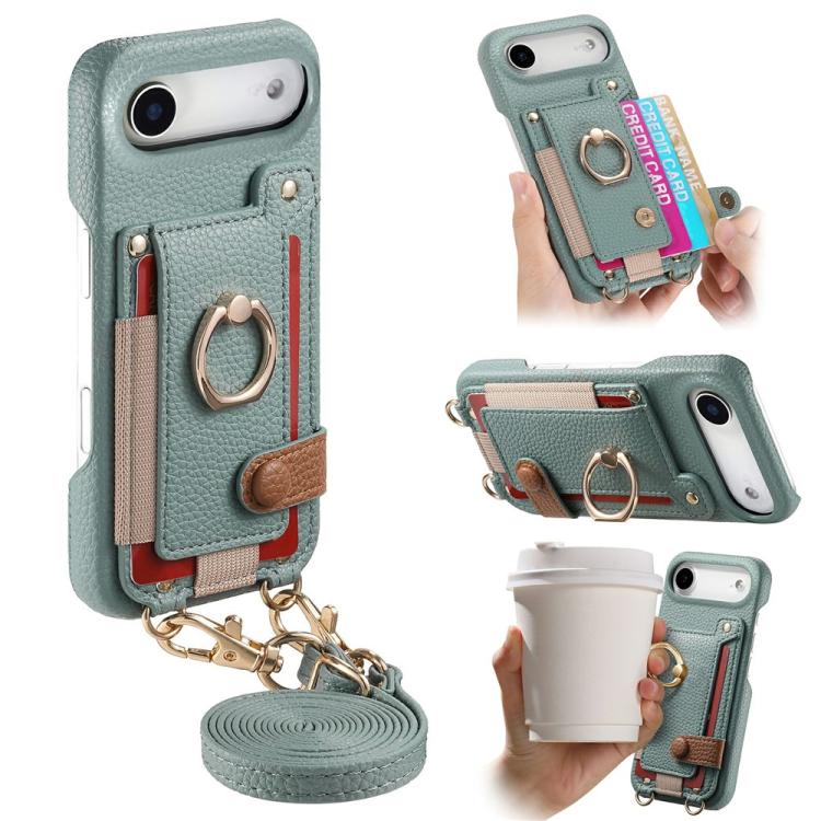 For iPhone Air Litchi Texture Card Bag Ring Holder Vegan Leather + PC Phone Case with Shoulder Strap(Blue)