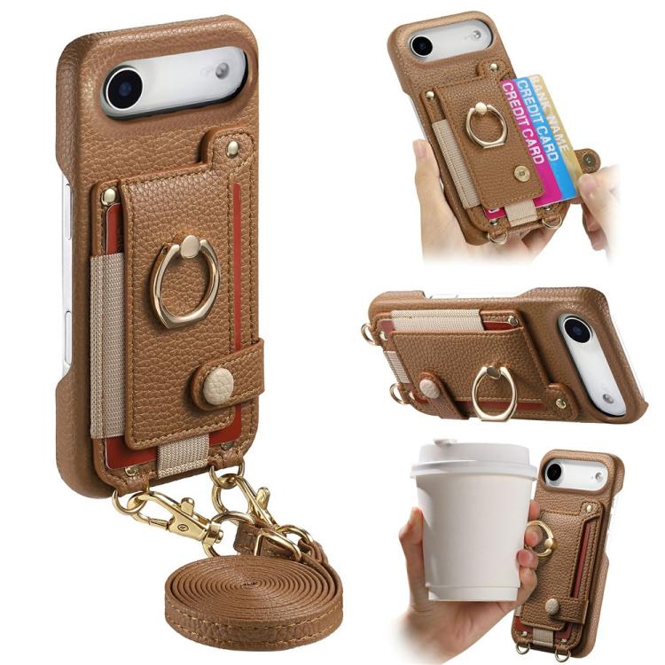 For iPhone Air Litchi Texture Card Bag Ring Holder Vegan Leather + PC Phone Case with Shoulder Strap(Brown)