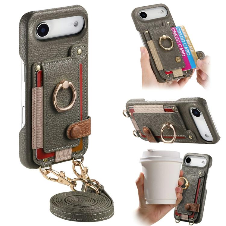 For iPhone Air Litchi Texture Card Bag Ring Holder Vegan Leather + PC Phone Case with Shoulder Strap(Gray)