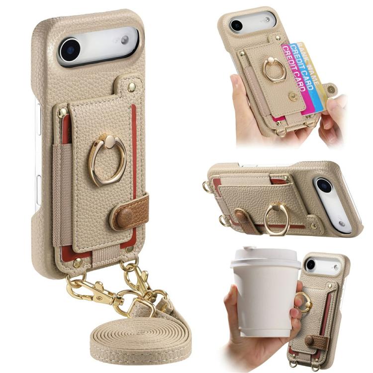 For iPhone Air Litchi Texture Card Bag Ring Holder Vegan Leather + PC Phone Case with Shoulder Strap(Khaki)