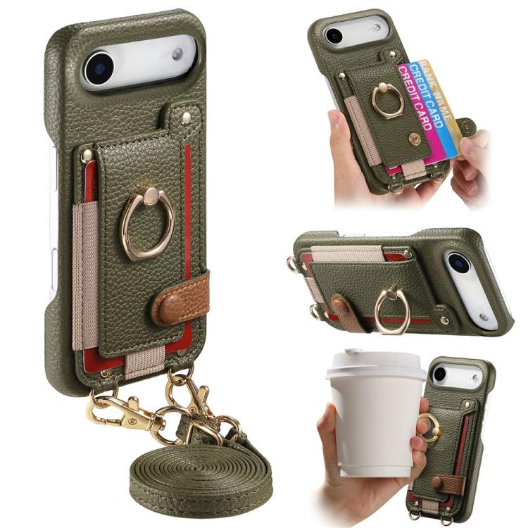 For iPhone Air Litchi Texture Card Bag Ring Holder Vegan Leather + PC Phone Case with Shoulder Strap(Midnight Green)