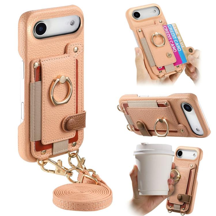 For iPhone Air Litchi Texture Card Bag Ring Holder Vegan Leather + PC Phone Case with Shoulder Strap(Pink)