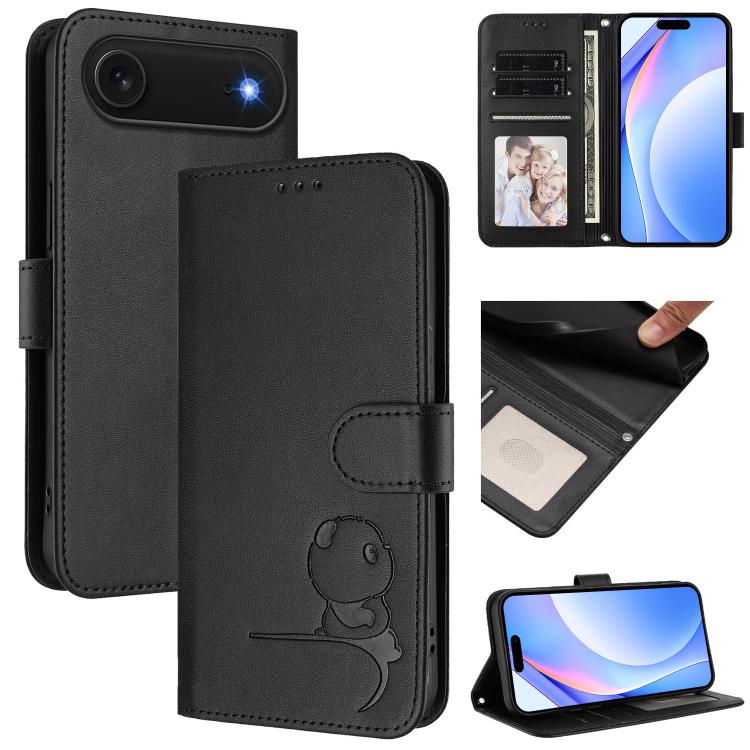 For iPhone Air Litter Panda Embossing RFID Leather Phone Case with Lanyard(Black)