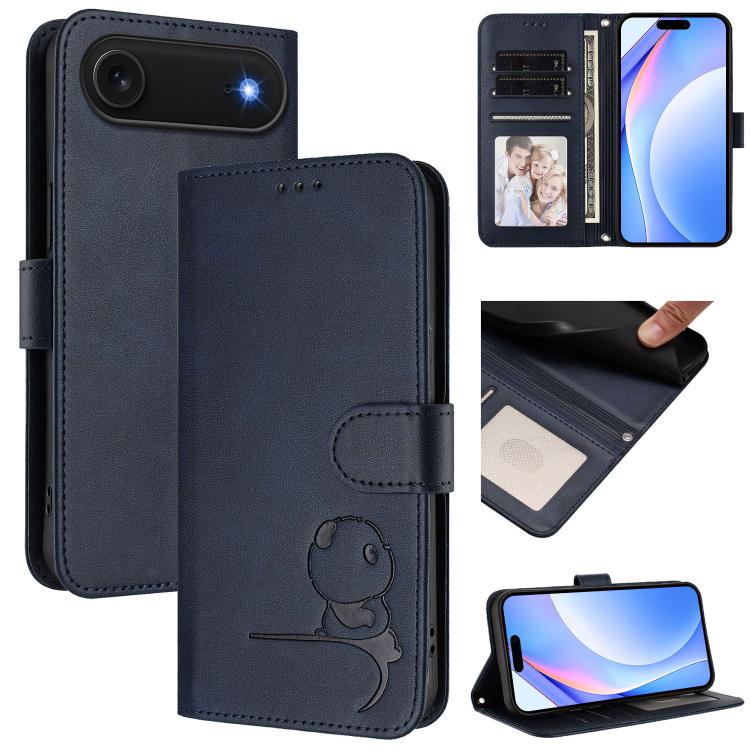 For iPhone Air Litter Panda Embossing RFID Leather Phone Case with Lanyard(Blue)