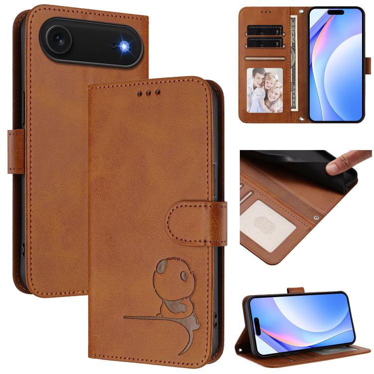 For iPhone Air Litter Panda Embossing RFID Leather Phone Case with Lanyard(Brown)