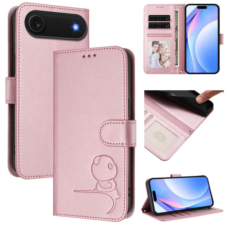 For iPhone Air Litter Panda Embossing RFID Leather Phone Case with Lanyard(Pink)