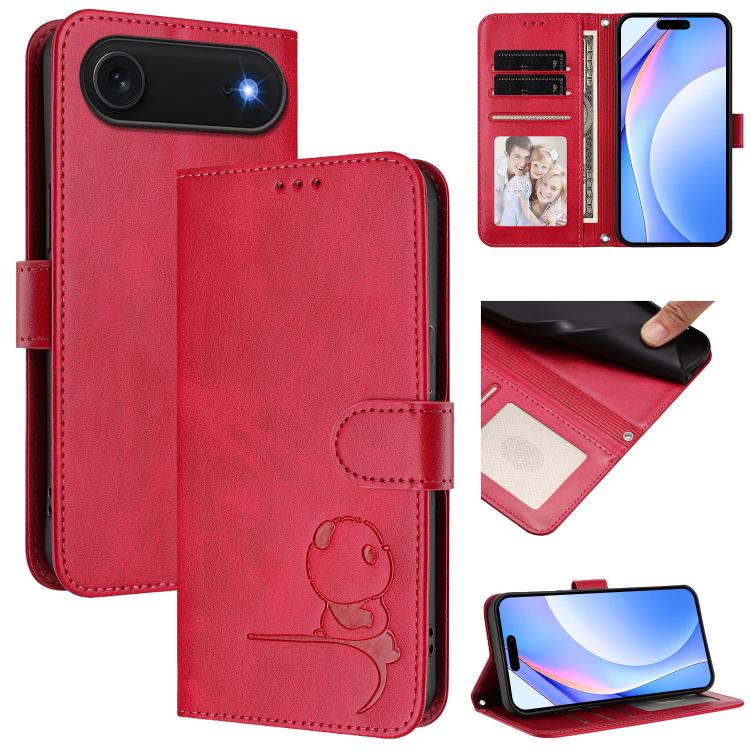 For iPhone Air Litter Panda Embossing RFID Leather Phone Case with Lanyard(Rose Red)