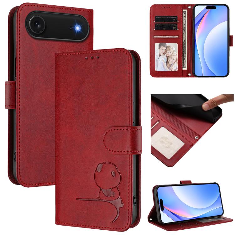 For iPhone Air Litter Panda Embossing RFID Leather Phone Case with Lanyard(Wine Red)