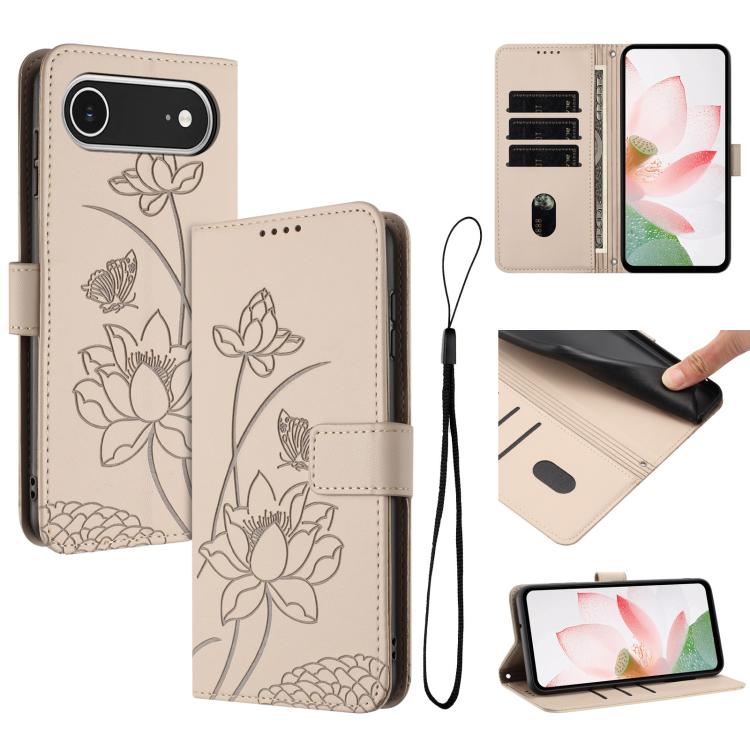 For iPhone  Air Lotus Embossed Leather Phone Case with Lanyard(Beige)