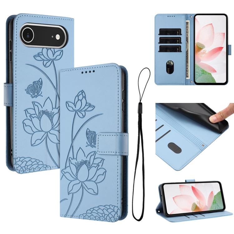 For iPhone  Air Lotus Embossed Leather Phone Case with Lanyard(Blue)