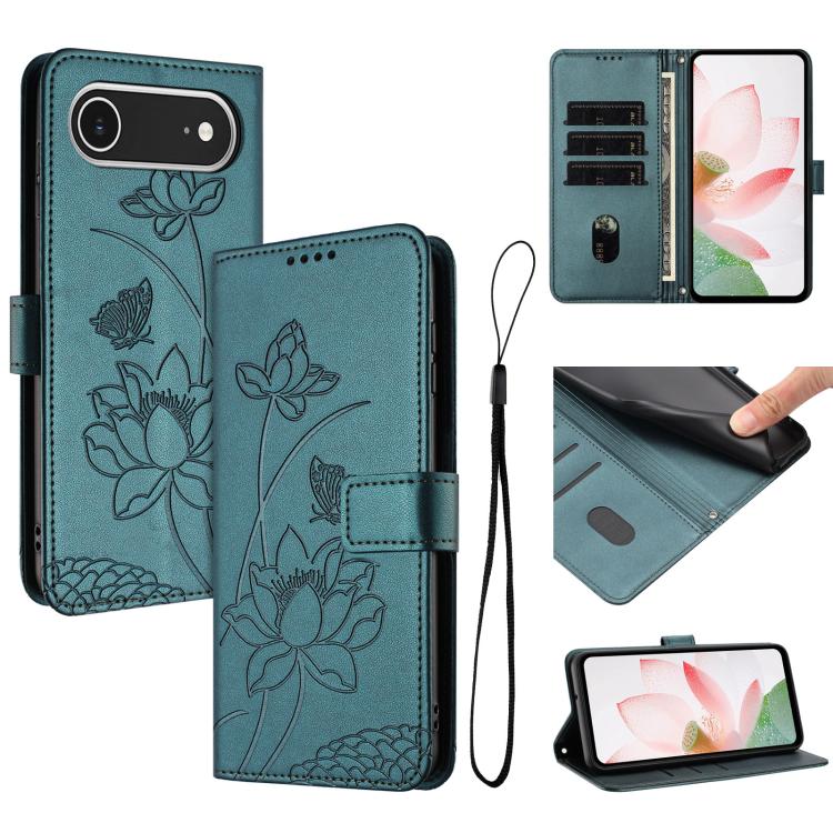 For iPhone  Air Lotus Embossed Leather Phone Case with Lanyard(Dark Green)