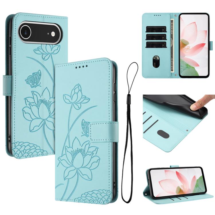 For iPhone  Air Lotus Embossed Leather Phone Case with Lanyard(Green)