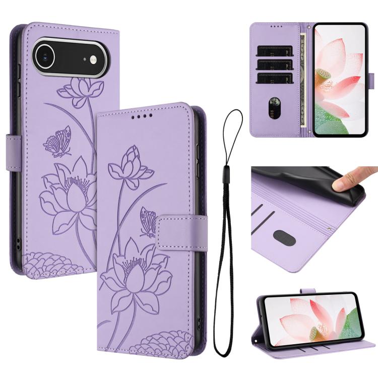 For iPhone  Air Lotus Embossed Leather Phone Case with Lanyard(Purple)