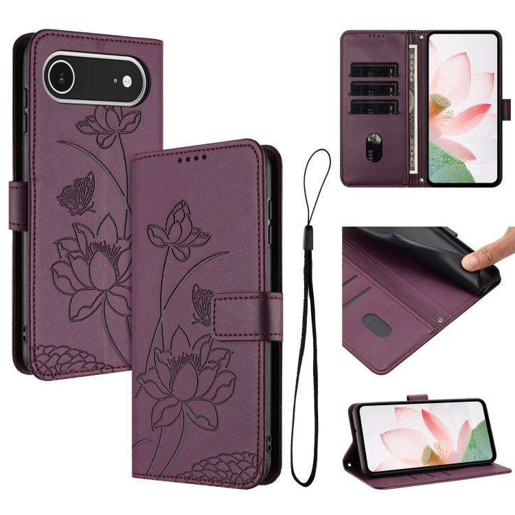 For iPhone  Air Lotus Embossed Leather Phone Case with Lanyard(Wine Red)