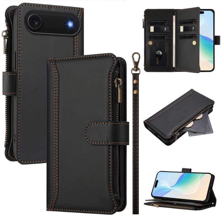 For iPhone Air Magnetic Closure 9 Card Slots Zipper Leather Case with Hand Strap(Black)