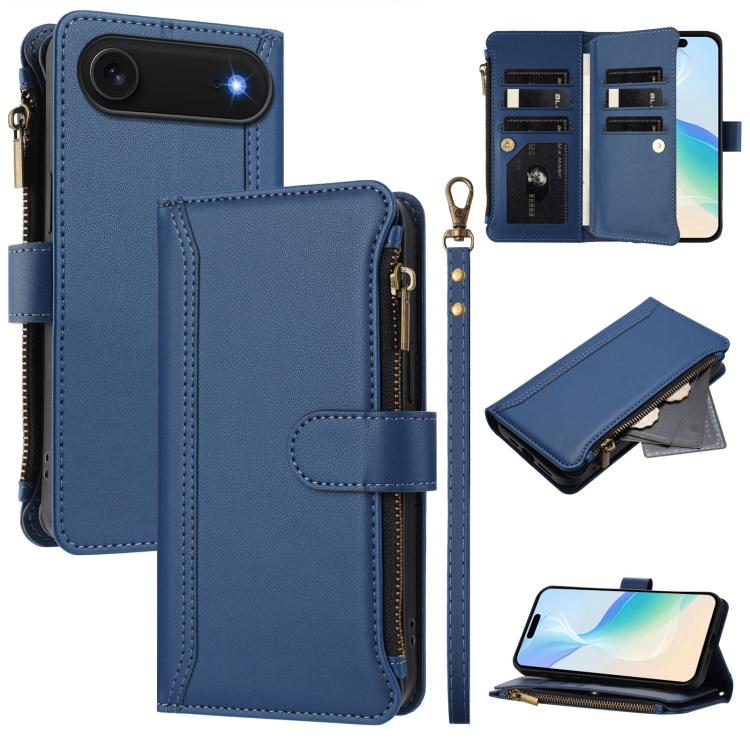 For iPhone Air Magnetic Closure 9 Card Slots Zipper Leather Case with Hand Strap(Dark Blue)