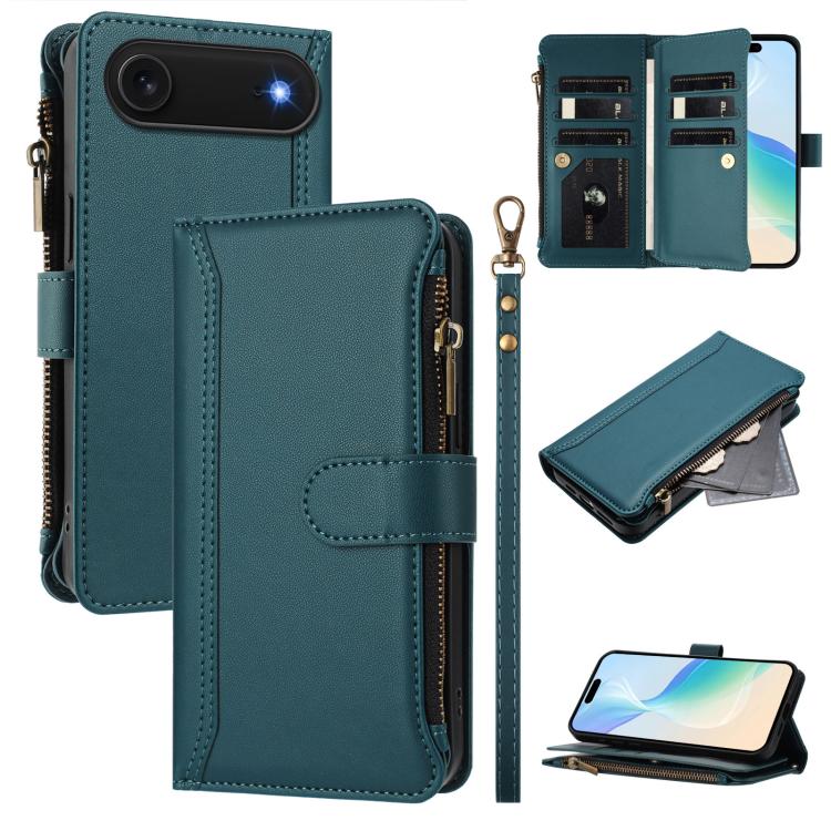 For iPhone Air Magnetic Closure 9 Card Slots Zipper Leather Case with Hand Strap(Dark Green)