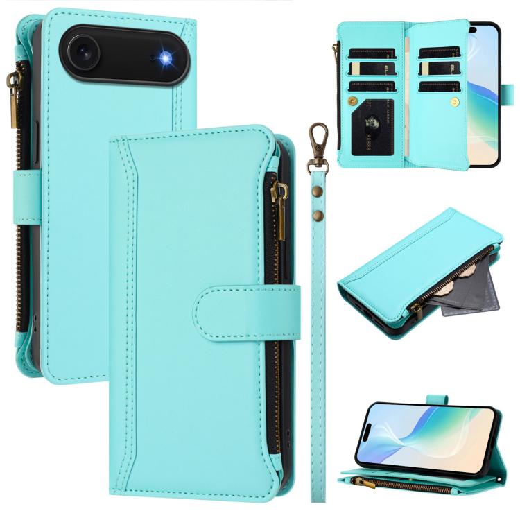 For iPhone Air Magnetic Closure 9 Card Slots Zipper Leather Case with Hand Strap(Mint Green)
