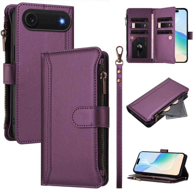 For iPhone Air Magnetic Closure 9 Card Slots Zipper Leather Case with Hand Strap(Purple)