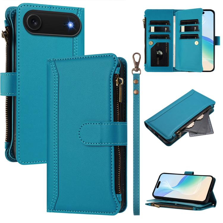 For iPhone Air Magnetic Closure 9 Card Slots Zipper Leather Case with Hand Strap(Turquoise)
