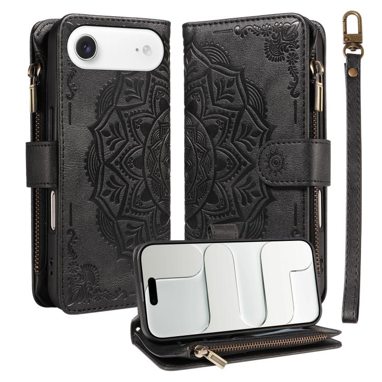 For iPhone Air Mandala Embossed 9-Card Zipper RFID Vegan Leather Phone Case with Short Lanyard(Black)