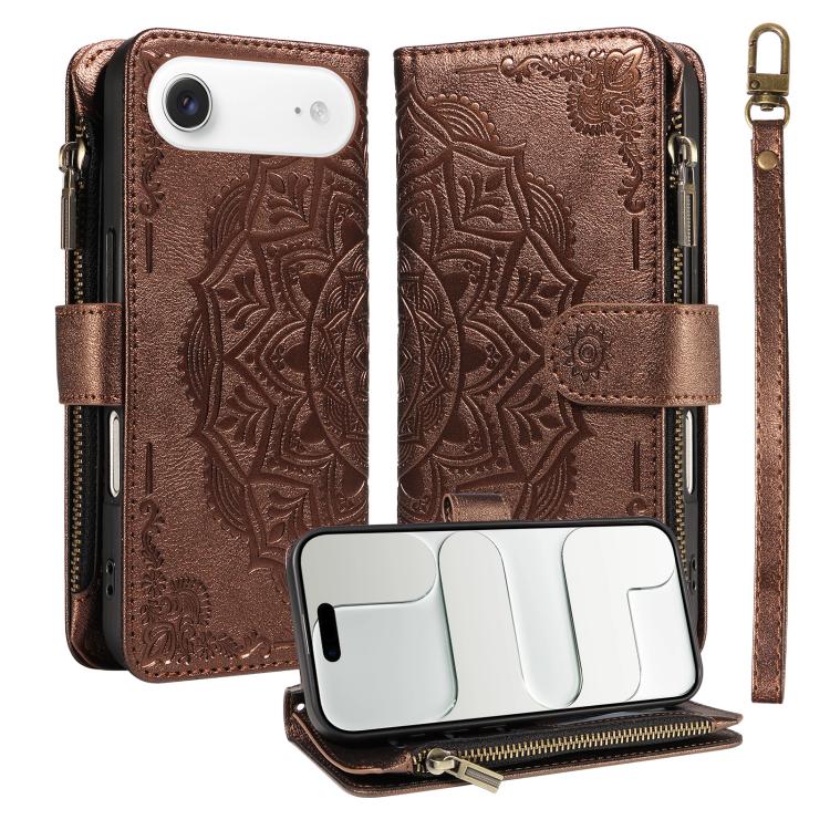 For iPhone Air Mandala Embossed 9-Card Zipper RFID Vegan Leather Phone Case with Short Lanyard(Brown)