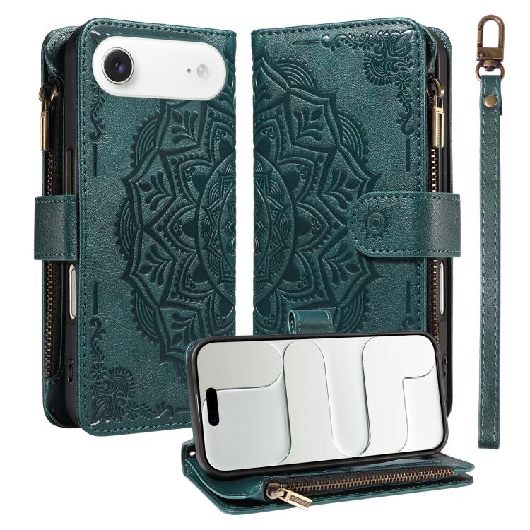 For iPhone Air Mandala Embossed 9-Card Zipper RFID Vegan Leather Phone Case with Short Lanyard(Green)