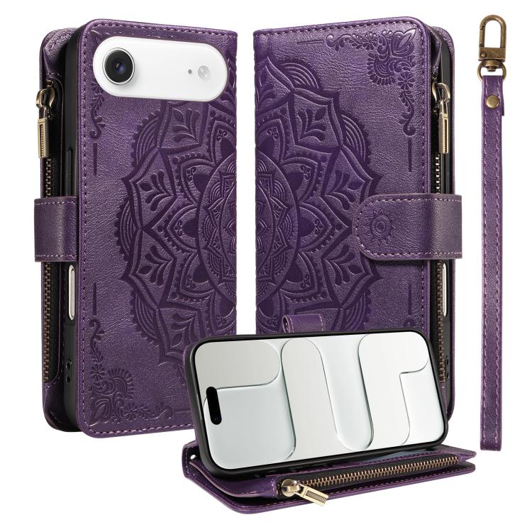 For iPhone Air Mandala Embossed 9-Card Zipper RFID Vegan Leather Phone Case with Short Lanyard(Purple)