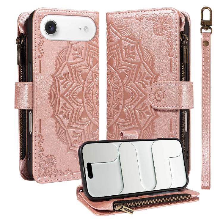 For iPhone Air Mandala Embossed 9-Card Zipper RFID Vegan Leather Phone Case with Short Lanyard(Rose Gold)