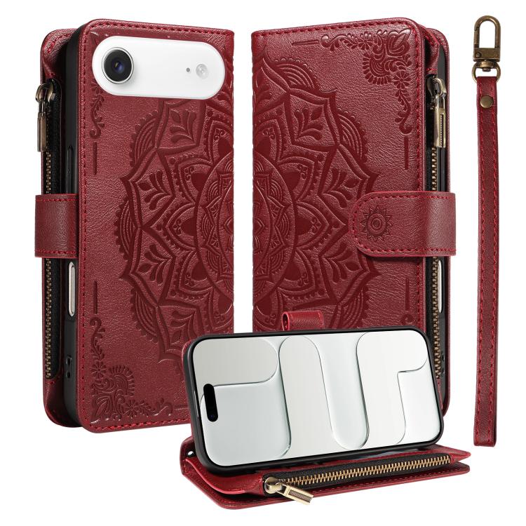 For iPhone Air Mandala Embossed 9-Card Zipper RFID Vegan Leather Phone Case with Short Lanyard(Wine Red)